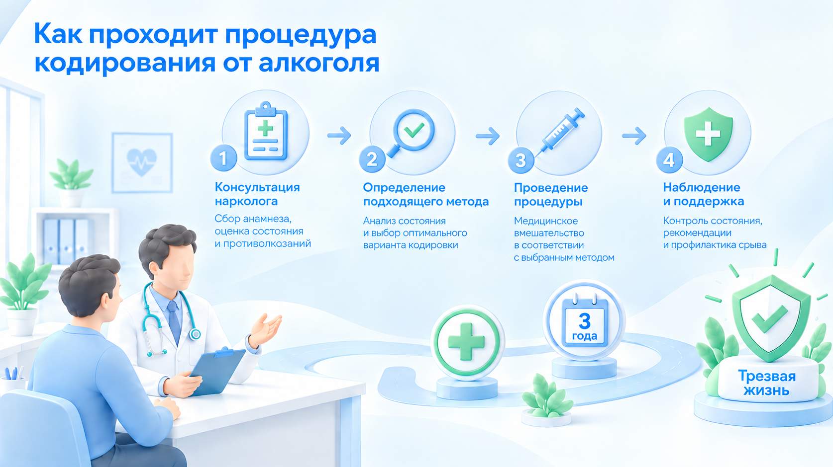 инфографика показывает консультацию нарколога.