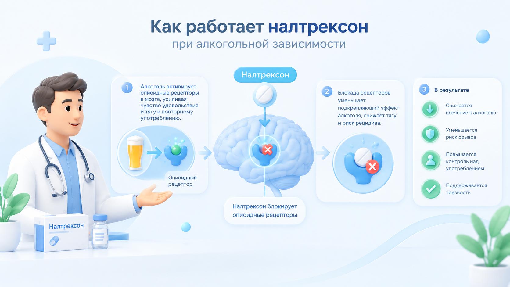 Инфографика о действии налтрексона при зависимости.