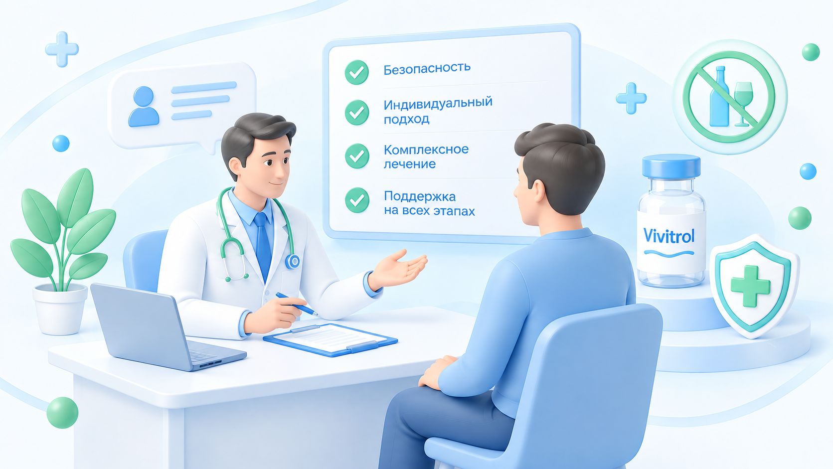Врач-нарколог и пациент обсуждают особенности лечения.